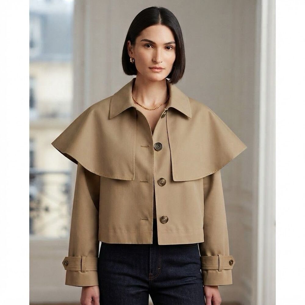 Caroline Constas Tan Cropped Trench Jacket size M Removable Poncho Collar NWT
